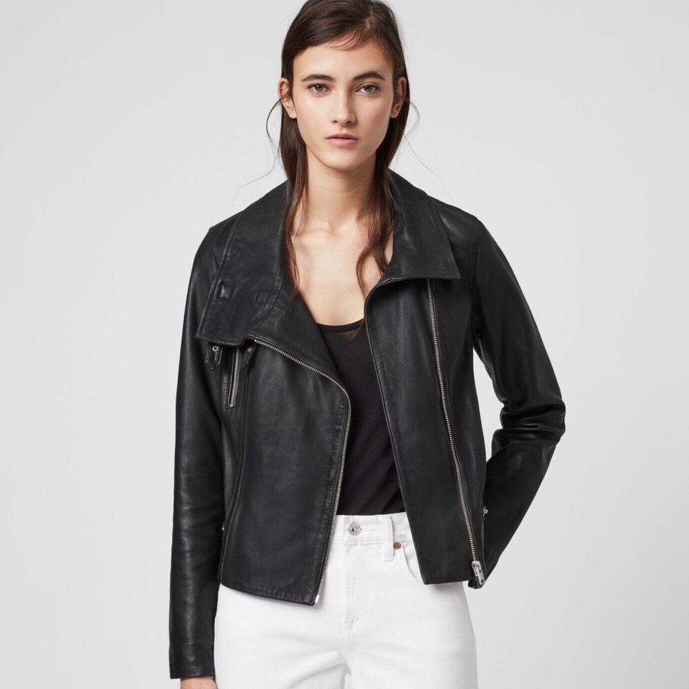 All Saints Bales Black Leather Jacket Motorcycle Jacket size 8